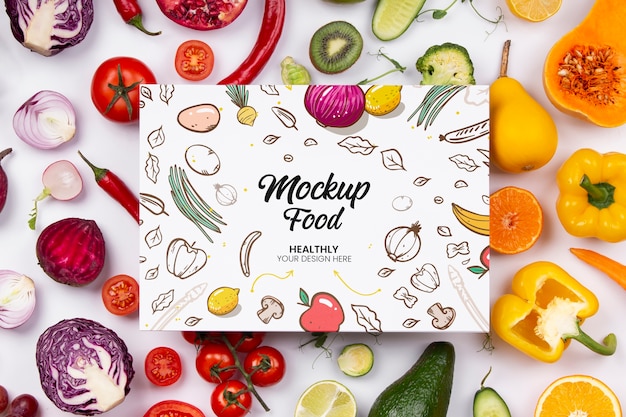 Concepto de comida y maqueta de grupos de alimentos.