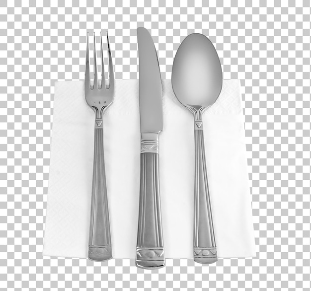 Concepto de comida Tres utensilios de cocina Tenedor cuchillo y cuchara en servilleta aislado sobre fondo psd transparente