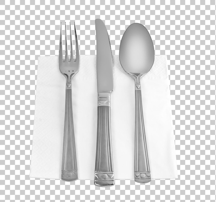 PSD concepto de comida tres utensilios de cocina tenedor cuchillo y cuchara en servilleta aislado sobre fondo psd transparente