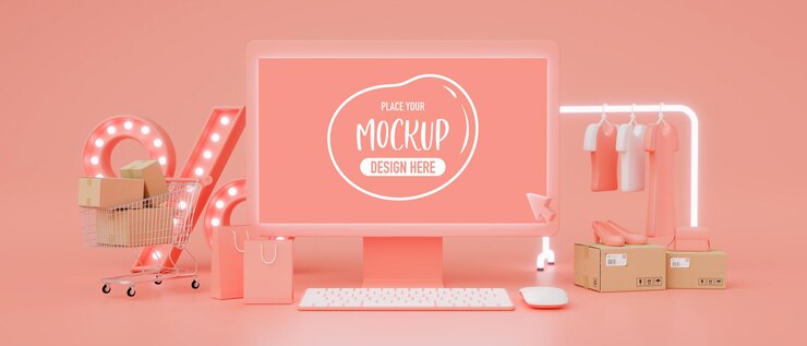 PSD concepto de compra en línea, monitor de computadora con pantalla de maqueta y tienda en línea sobre fondo rosa, renderizado 3d, ilustración 3d