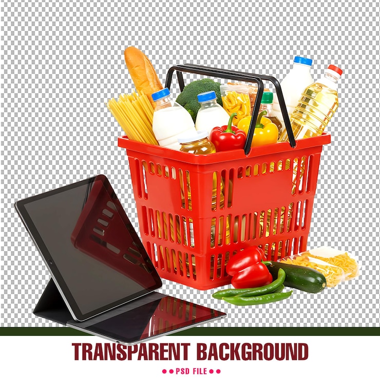 PSD concepto de compras de comestibles en línea lleno de cesta de compras con tableta digital en un fondo transparente