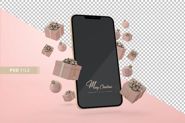 Concepto de compras por internet de Navidad con teléfono moderno y cajas de regalo flotando. Render 3d