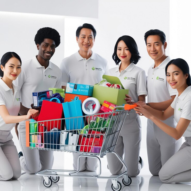 PSD el concepto de compras en línea del equipo de servicio de entrega de artículos en el carrito de compras con fondo blanco aislado