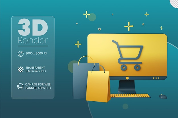 PSD concepto de compras en línea con ilustración 3d de computadora