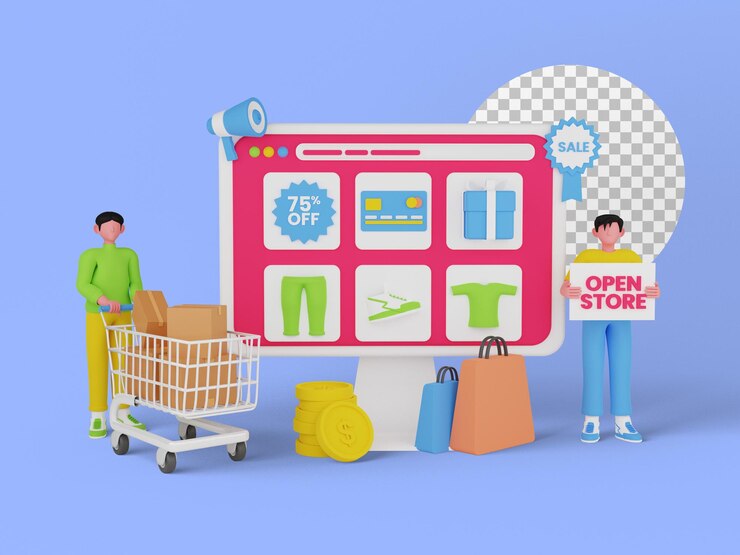 PSD concepto de compras en línea, marketing digital en el sitio web, ilustración 3d