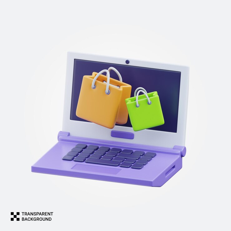 PSD concepto de compras en línea con portátil y bolsas de compras