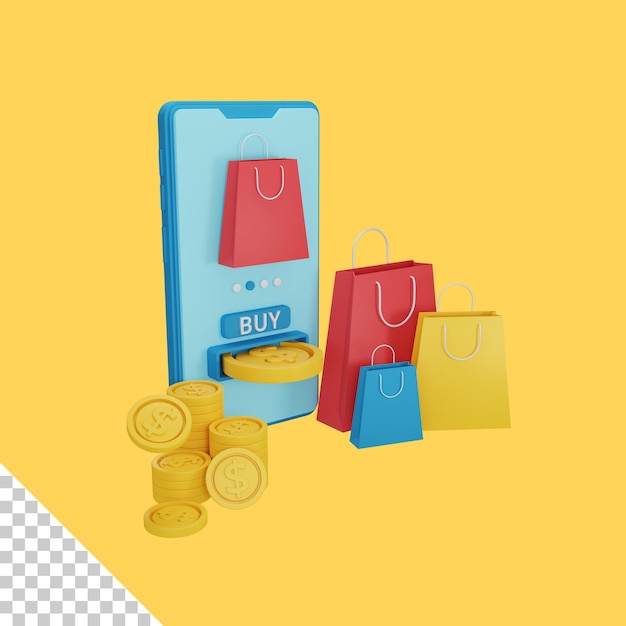 Concepto de compras en línea de renderizado 3d con monedas y bolsas de compras coloridas