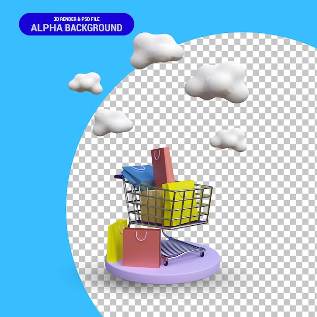 Concepto de compras en línea, representación 3d, carrito de compras, bolsas de papel con nubes