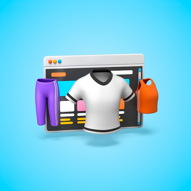 Concepto de compras de ropa deportiva en línea con estilo de dibujos animados en 3D