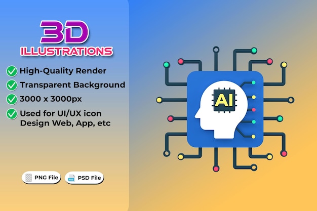 PSD concepto de computación moderna de inteligencia artificial representación 3d aislada sobre fondo transparente tendencia web y aplicación de diseño de iconos ui ux