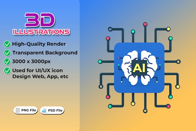 Concepto de computación moderna de inteligencia artificial representación 3d aislada sobre fondo transparente tendencia web y aplicación de diseño de iconos ui ux