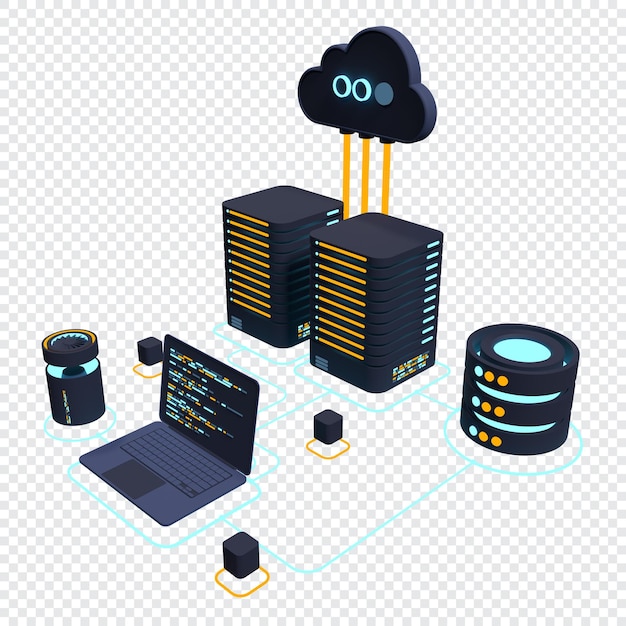 PSD concepto de computación en la nube tecnología moderna tecnología en la nube centro de datos concepto isométrico tecnología en la nube 3d con centro de datos concepto de alojamiento web renderizado en 3d