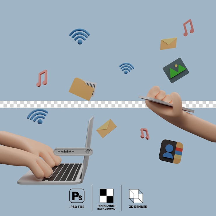 PSD el concepto de comunicación en la computadora portátil y el teléfono inteligente para compartir archivos conectados por red inalámbrica