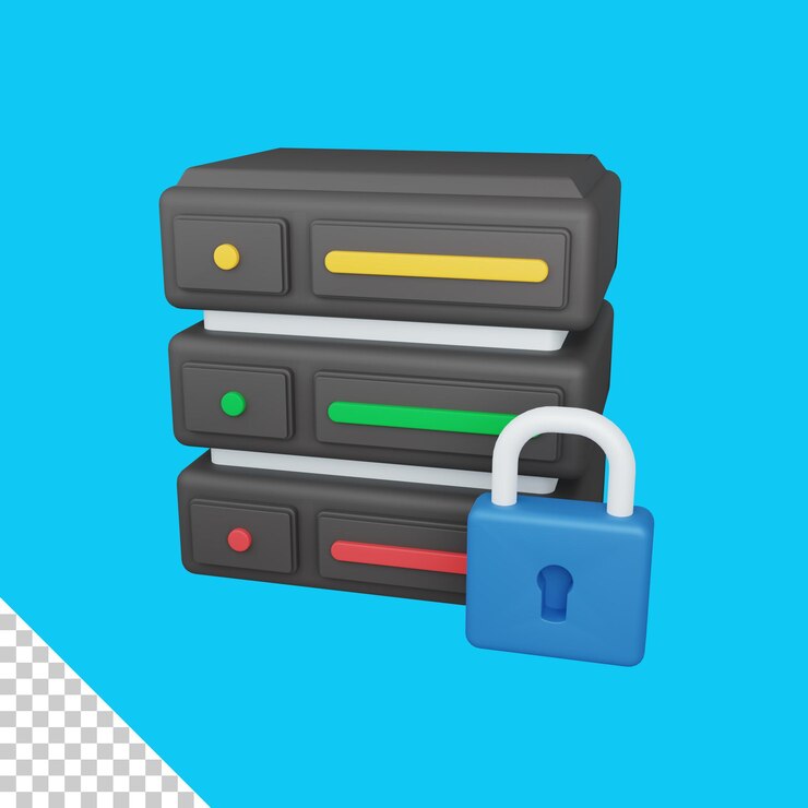 PSD concepto de copia de seguridad de datos de representación 3d con candado y símbolo de servidor colorido útil para el servidor de ti