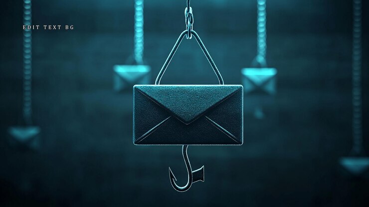 PSD concepto de correo electrónico de phishing fondo azul oscuro sobre metálico con gancho