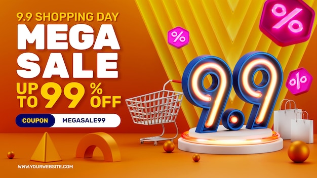 Concepto creativo 9 9 días de compras podio de luz de neón 3d exhibición de productos redes sociales instagram