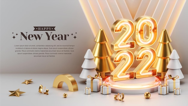 Concepto creativo Feliz año nuevo 2022 con ilustraciones de render 3d