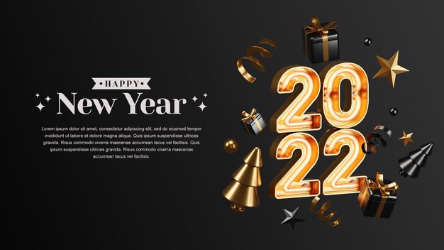 Concepto creativo Feliz año nuevo 2022 con ilustraciones de render 3d