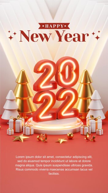 Concepto creativo historia de instagram publicación en redes sociales Feliz año nuevo 2022 con ilustraciones de render 3d