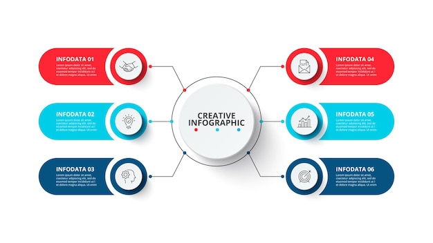 Concepto creativo para infografía Diagrama de elementos abstractos con opciones o procesos de 6 pasos