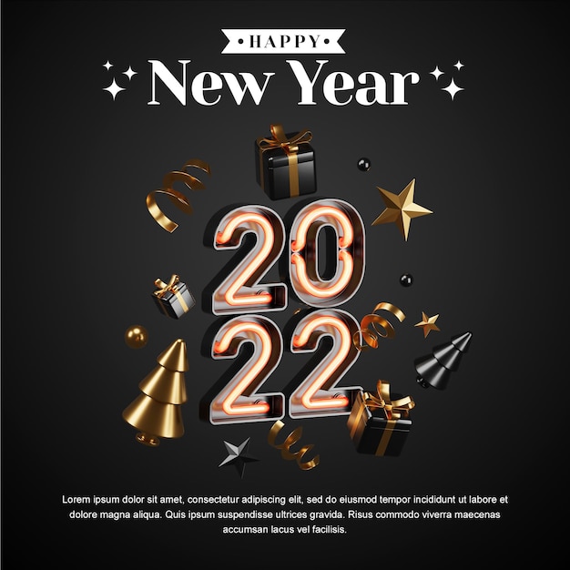 Concepto creativo instagram feed social media post feliz año nuevo 2022 con ilustraciones de render 3d