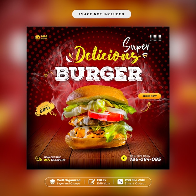 Concepto creativo menú de hamburguesas deliciosas especiales en plantilla de banner de redes sociales de promoción de placa
