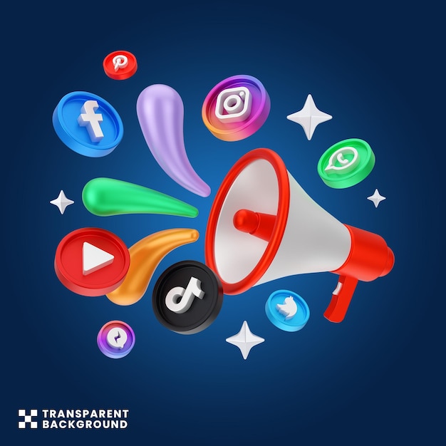 Concepto creativo social media marketing digital 3d ilustración colorido megáfono comunicaciones