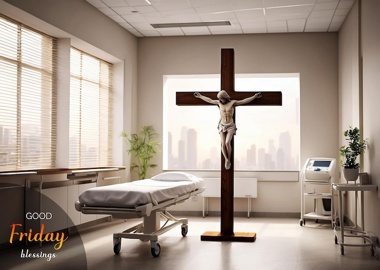 PSD el concepto de la cruz cristiana del viernes santo en una habitación del hospital que encarna la curación y la redención