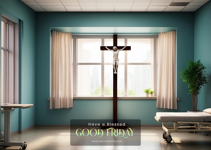 PSD el concepto de la cruz cristiana del viernes santo en una habitación del hospital que encarna la curación y la redención