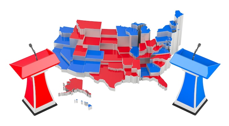 PSD concepto de debate de estados unidos con mapa de los estados unidos y tribunas renderizado en 3d aislado sobre un fondo transparente