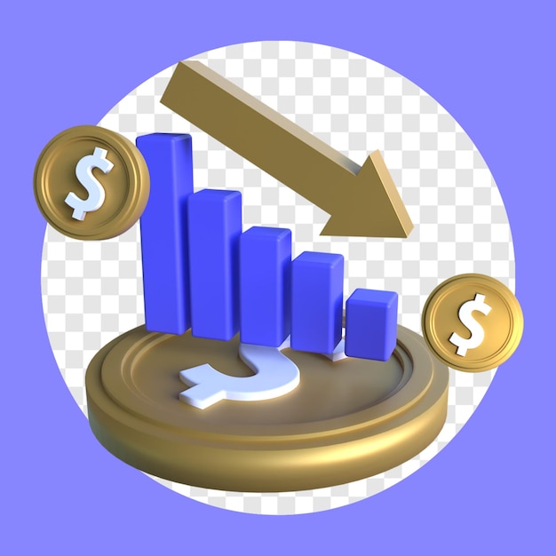 Concepto de declive financiero con gráfico de barras y monedas de dólar