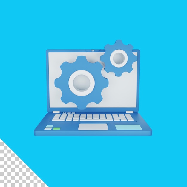 Concepto de desarrollo de representación 3d con computadora portátil y rueda dentada colorida