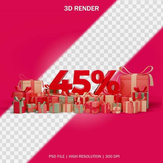 Concepto de descuento numérico con alrededor de regalos y fondo transparente en diseño 3d