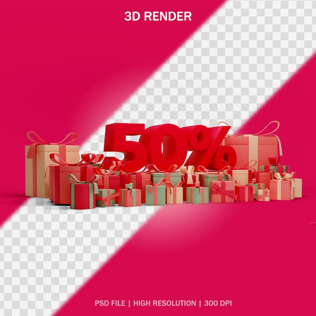 Concepto de descuento numérico con vista lateral alrededor de regalos y fondo transparente en diseño 3d