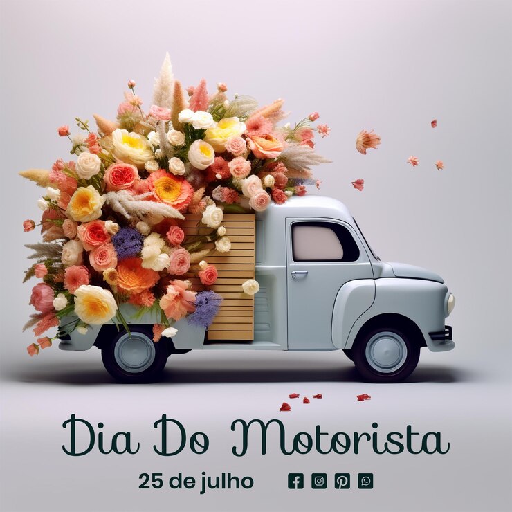 PSD el concepto dia do motorista de decoración de camiones pequeños con flores en un fondo gris claro