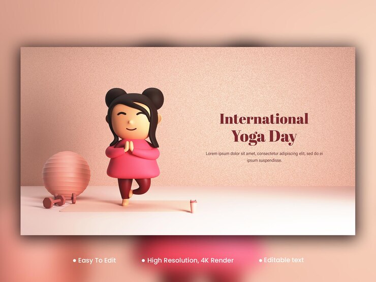 PSD concepto del día internacional del yoga con una joven 3d practicando yoga vrikshasana ball dumbbell drink cup sobre fondo de textura blanca y durazno