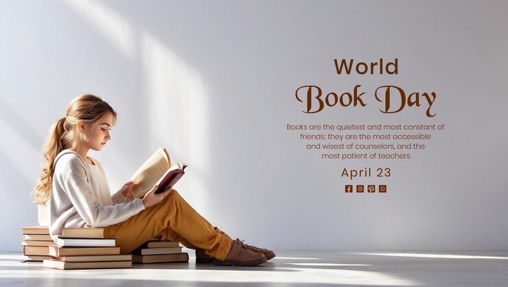 PSD el concepto del día mundial del libro es una escena de una niña sentada leyendo un libro sobre un fondo blanco.