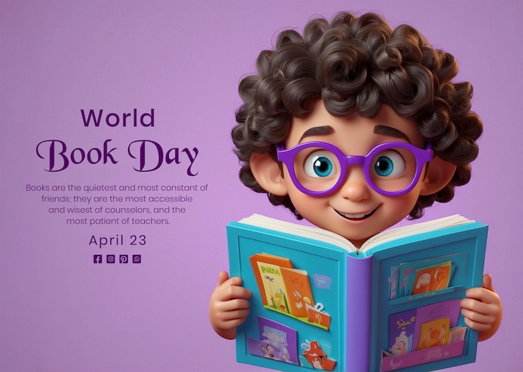 PSD concepto del día mundial del libro niños varones leyendo una escena de un libro en un fondo púrpura claro renderizado en 3d