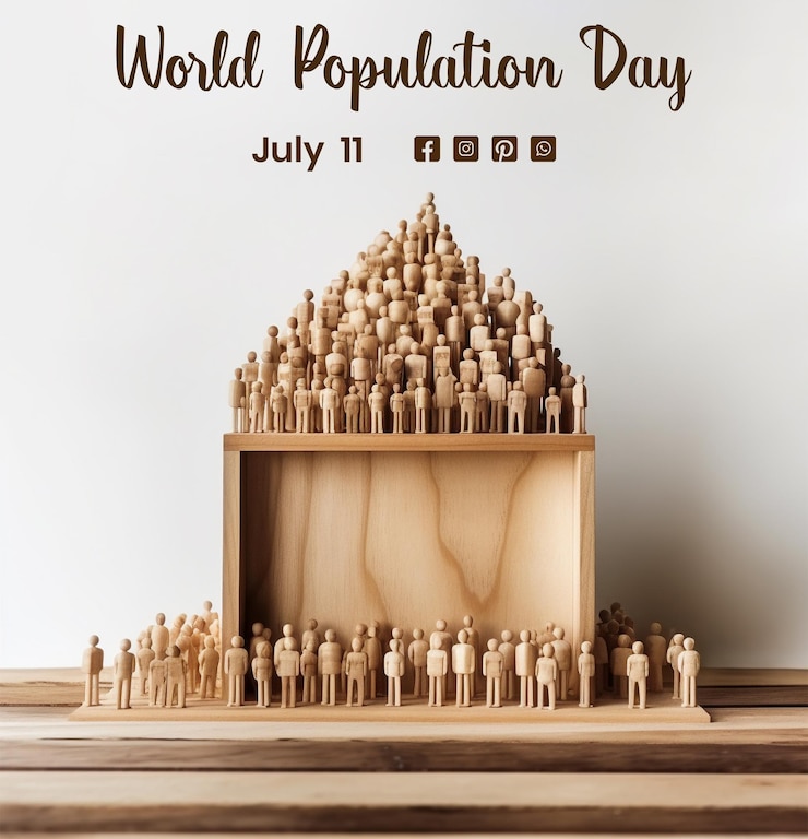 PSD el concepto del día mundial de la población es una estructura de madera con muchos íconos de personas en un fondo blanco.