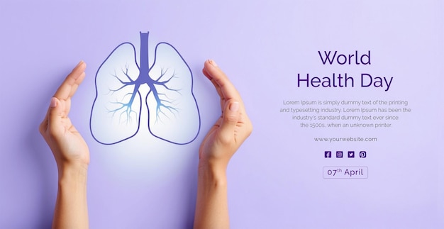 PSD el concepto del día mundial de la salud con ambas manos cubriendo un pulmón sobre un fondo púrpura