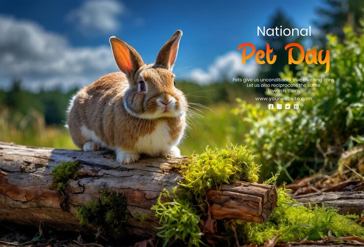 PSD el concepto del día nacional de las mascotas es una escena caprichosa en el bosque con un conejo curioso explorando un tronco cubierto de musgo.