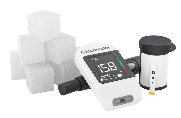 PSD concepto de diabetes conjunto de glucómetro y cubos de azúcar rendering 3d aislados sobre un fondo transparente