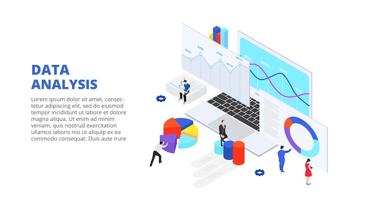 PSD concepto de diseño de análisis de datos con personas y computadora portátil ilustración isométrica