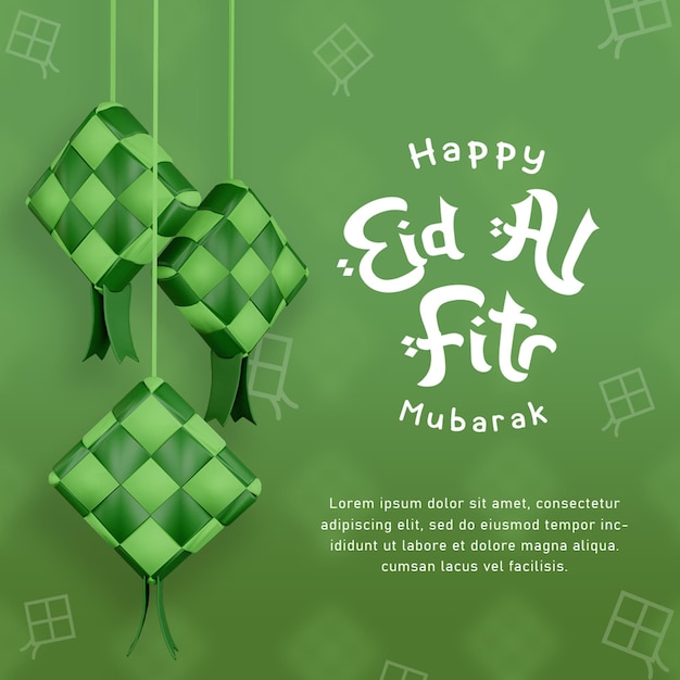 Concepto de diseño de banner de ketupat 3d de celebración musulmana de eid al fitr