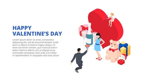 Concepto de diseño del día de san valentín con corazón y propuesta de matrimonio ilustración isométrica