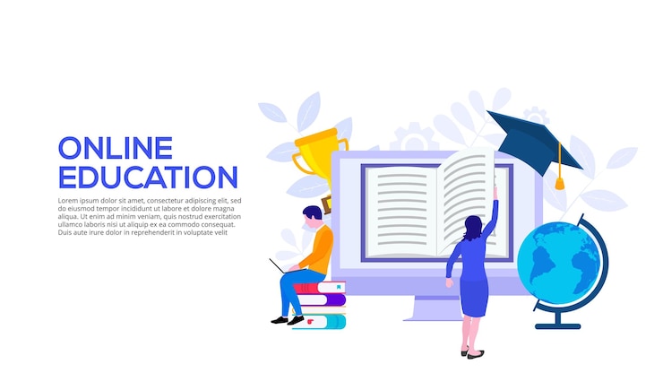 PSD concepto de diseño de educación en línea con hombre y mujer sentados en la computadora vuelven la página