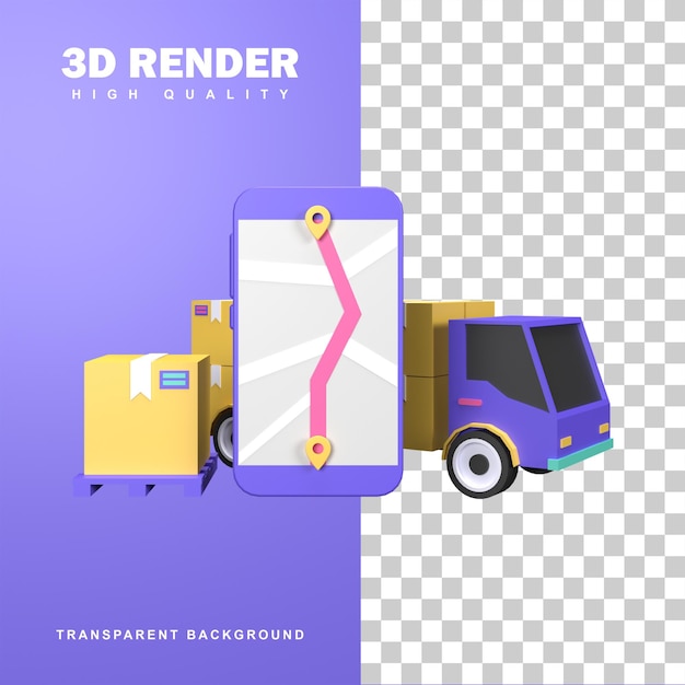 PSD concepto de distribución logística de representación 3d por camión de transporte.