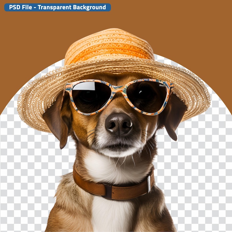 PSD concepto de diversión de verano perro con ropa de verano con gafas de sol frescas y sombrero de paja