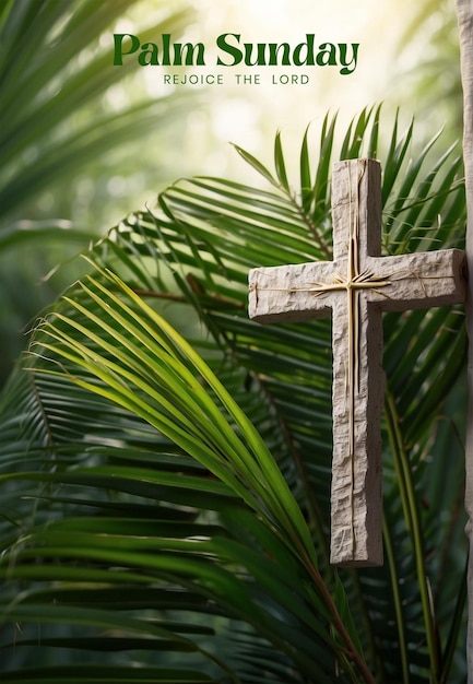 El concepto del domingo de palmeras es el bosque de ramas de palmeras con cruz cristiana en un fondo verde claro.