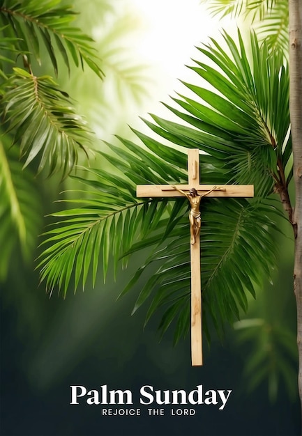 El concepto del domingo de palmeras es el bosque de ramas de palmeras con cruz cristiana en un fondo verde claro.